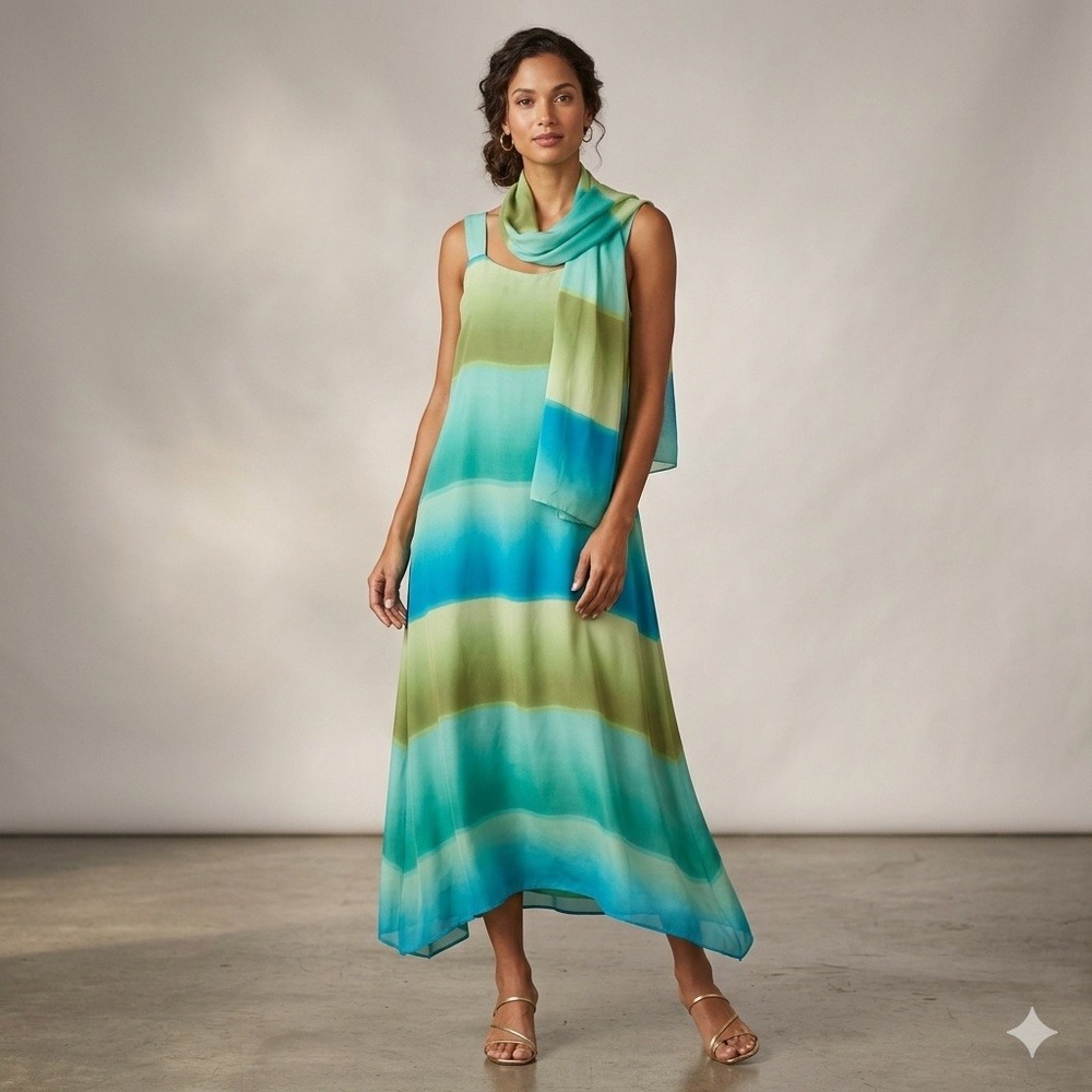Olivia Rose Teal Green‎ Ombre Stripe Maxi Dress with Scarf Size 16M chiffon